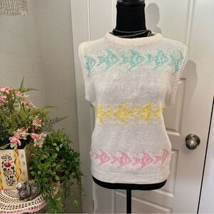 Penguin Isle Vintage 80s 90s Pink Yellow Aqua Blue Fish Knit Sweater Blouse Sz M